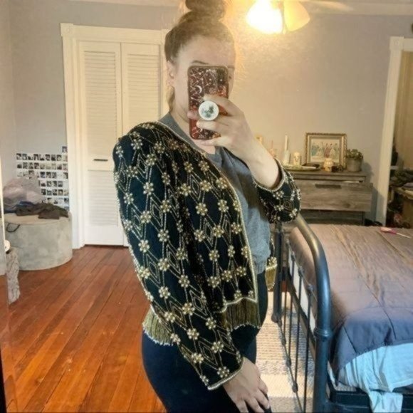 VINTAGE NIPON NIGHT BEADED FRINGE SILK JACKET 8 - Picture 3 of 16